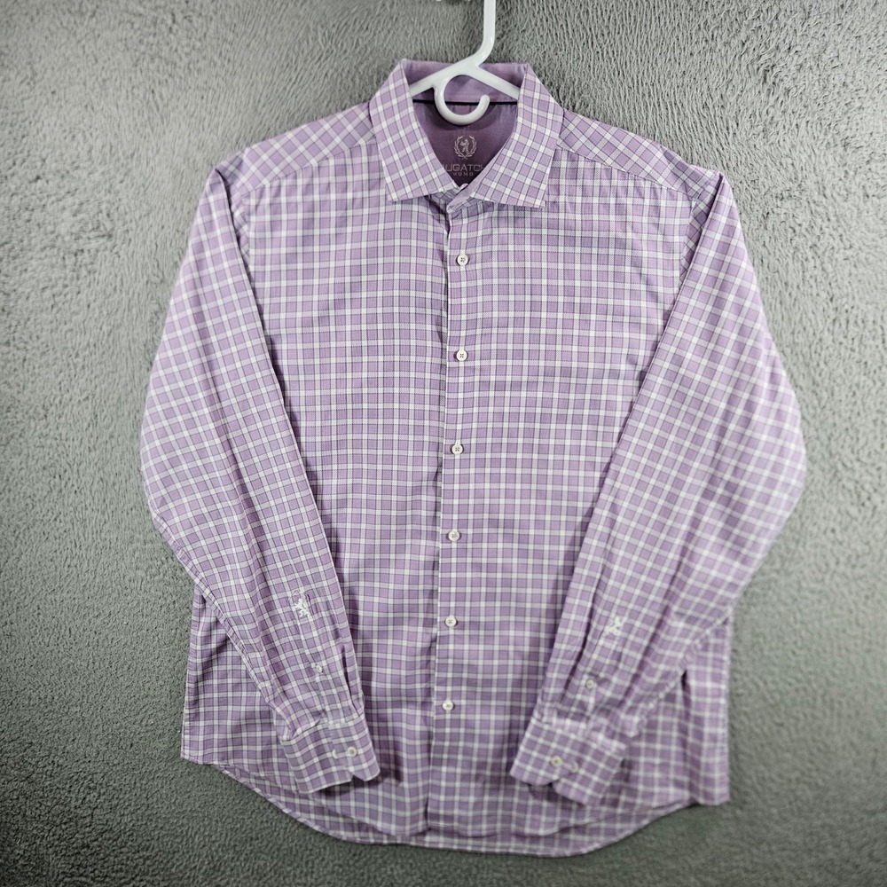 Bugatchi Uomo Mens Purple Check Cotton Dress Shirt 17.5 36/37 Long Sleeve